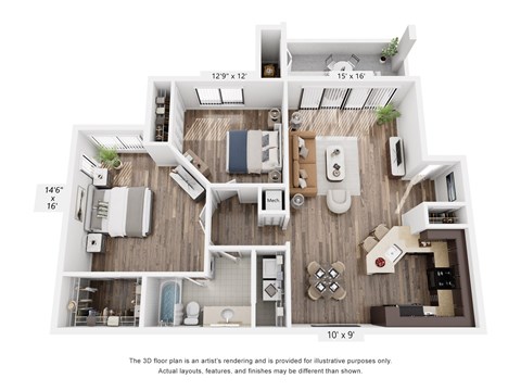 Floor plan for 2 beds, 1 bath, 1220 sqft